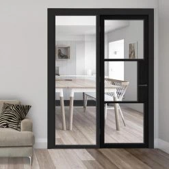 ThruEasi Black Room Divider - Tribeca 3 Pane Primed Clear Glass Unfinished Door With Full Glass Side
