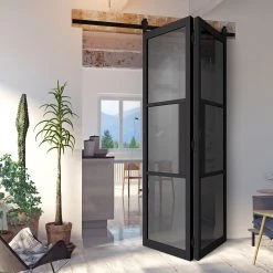 SpaceEasi Top Mounted Black Folding Track & Double Door - Tribeca 3 Pane Black Primed Door - Tinted Glass