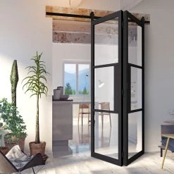 SpaceEasi Top Mounted Black Folding Track & Double Door - Tribeca 3 Pane Black Primed Door - Clear Glass