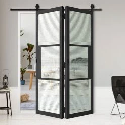 SpaceEasi Top Mounted Black Folding Track & Double Door - Tribeca 3 Pane Black Primed Door - Reeded Glass