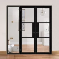 ThruEasi Black Room Divider - Tribeca 3 Pane Primed Clear Glass Unfinished Door Pair With Full Glass Side