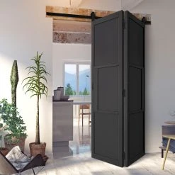 SpaceEasi Top Mounted Black Folding Track & Double Door - Tribeca 3 Panel Black Primed Door