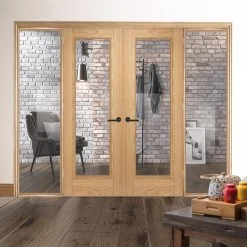 ThruEasi Oak Room Divider - Vancouver 1 Pane Clear Glass Prefinished Door Pair With Full Glass Sides
