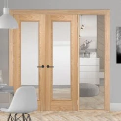 ThruEasi Oak Room Divider - Vancouver 1 Pane Clear Glass Prefinished Door Pair With Full Glass Side