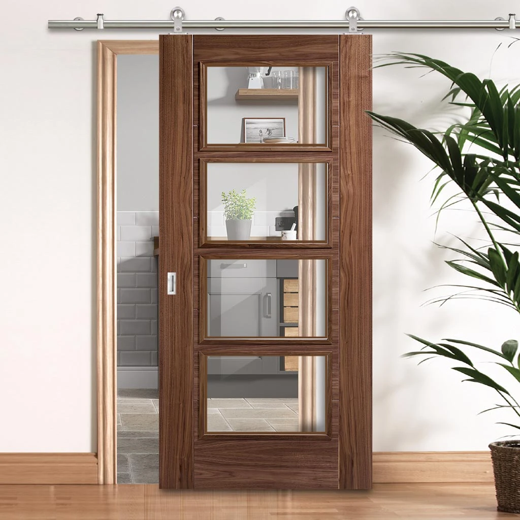 Sirius Tubular Stainless Steel Sliding Track & Vancouver 4 Pane Walnut Door - Clear Glass - Prefinished 1 Sirius Tubular Stainless Steel Sliding Track & Vancouver 4 Pane Walnut Door - Clear Glass - Prefinished