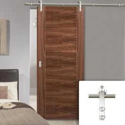 Saturn Tubular Stainless Steel Sliding Track & Vancouver 5 Panel Flush Walnut Door - Prefinished