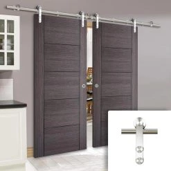 Saturn Tubular Stainless Steel Sliding Track & Vancouver Flush Ash Grey Double Door - Prefinished