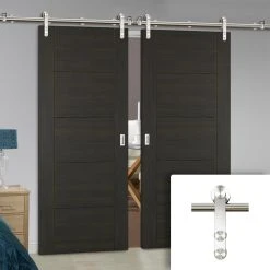 Saturn Tubular Stainless Steel Sliding Track & Vancouver Smoked Oak Flush Internal Double Doors - Prefinished