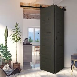 SpaceEasi Top Mounted Black Folding Track & Double Door - Vancouver Smoked Oak Flush Internal Doors - Prefinished