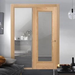 ThruEasi Oak Room Divider - Vancouver 1 Pane Clear Glass Prefinished Door With Full Glass Side