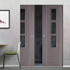 Chocolate Grey Alcaraz Absolute Evokit Double Pocket Doors - Prefinished - Clear Glass