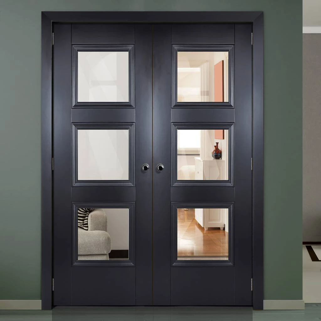 Amsterdam Black Primed Internal Door Pair - Clear Glass 1 Amsterdam Black Primed Internal Door Pair - Clear Glass