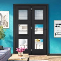 ThruEasi Room Divider - Antwerp 3 Pane Black Primed Clear Glass Unfinished Door With Single Side