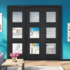 ThruEasi Room Divider - Antwerp 3 Pane Black Primed Clear Glass Unfinished Double Doors With Single Side