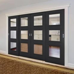 Pass-Easi Four Sliding Doors And Frame Kit - Antwerp 3 Pane Black Primed Door - Clear Glass