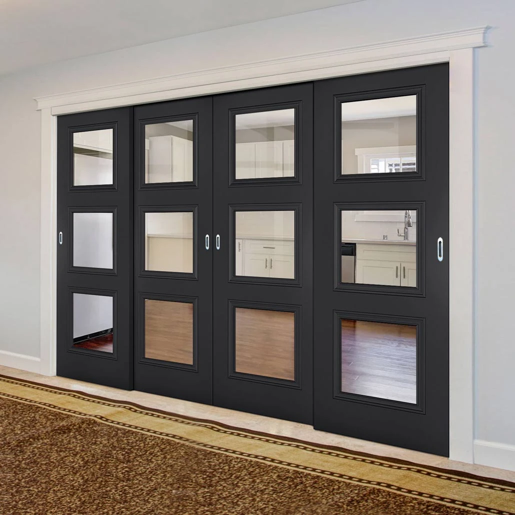 Pass-Easi Four Sliding Doors And Frame Kit - Antwerp 3 Pane Black Primed Door - Clear Glass 1 Pass-Easi Four Sliding Doors And Frame Kit - Antwerp 3 Pane Black Primed Door - Clear Glass