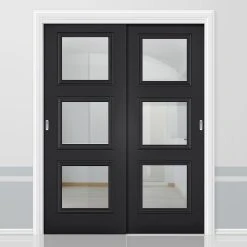 Pass-Easi Two Sliding Doors And Frame Kit - Antwerp 3 Pane Black Primed Door - Clear Glass