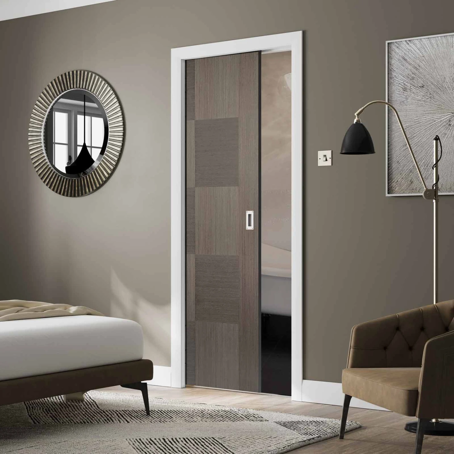 Apollo Chocolate Grey Flush Single Evokit Pocket Door - Prefinished 1 Apollo Chocolate Grey Flush Single Evokit Pocket Door - Prefinished