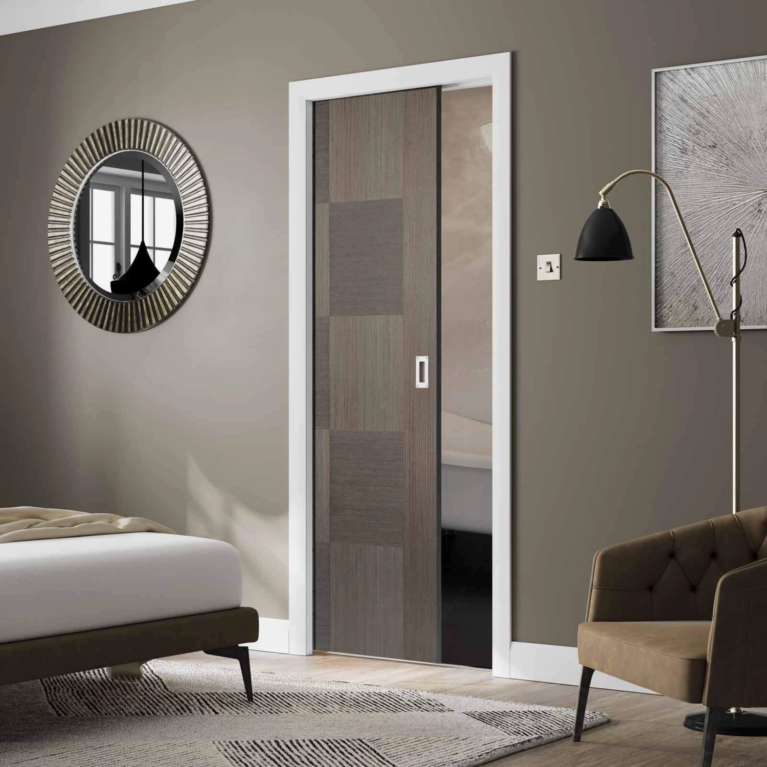 Bespoke Apollo Chocolate Grey Flush Single Pocket Door - Prefinished 1 Bespoke Apollo Chocolate Grey Flush Single Pocket Door - Prefinished
