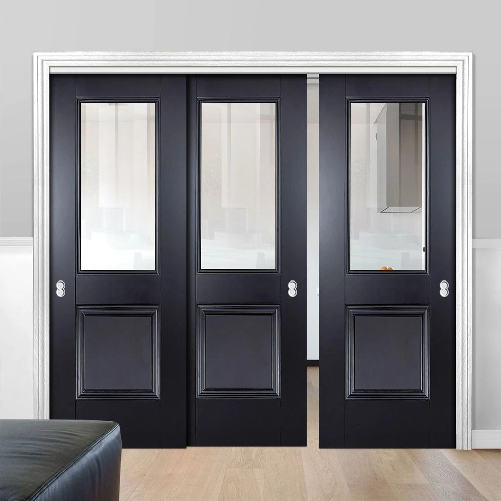 Pass-Easi Three Sliding Doors And Frame Kit - Arnhem Black Primed Door - Clear Glass - Unfinished 1 Pass-Easi Three Sliding Doors And Frame Kit - Arnhem Black Primed Door - Clear Glass - Unfinished