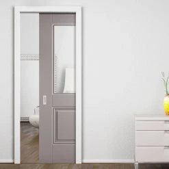 Arnhem Grey Primed Single Evokit Pocket Door - Clear Glass
