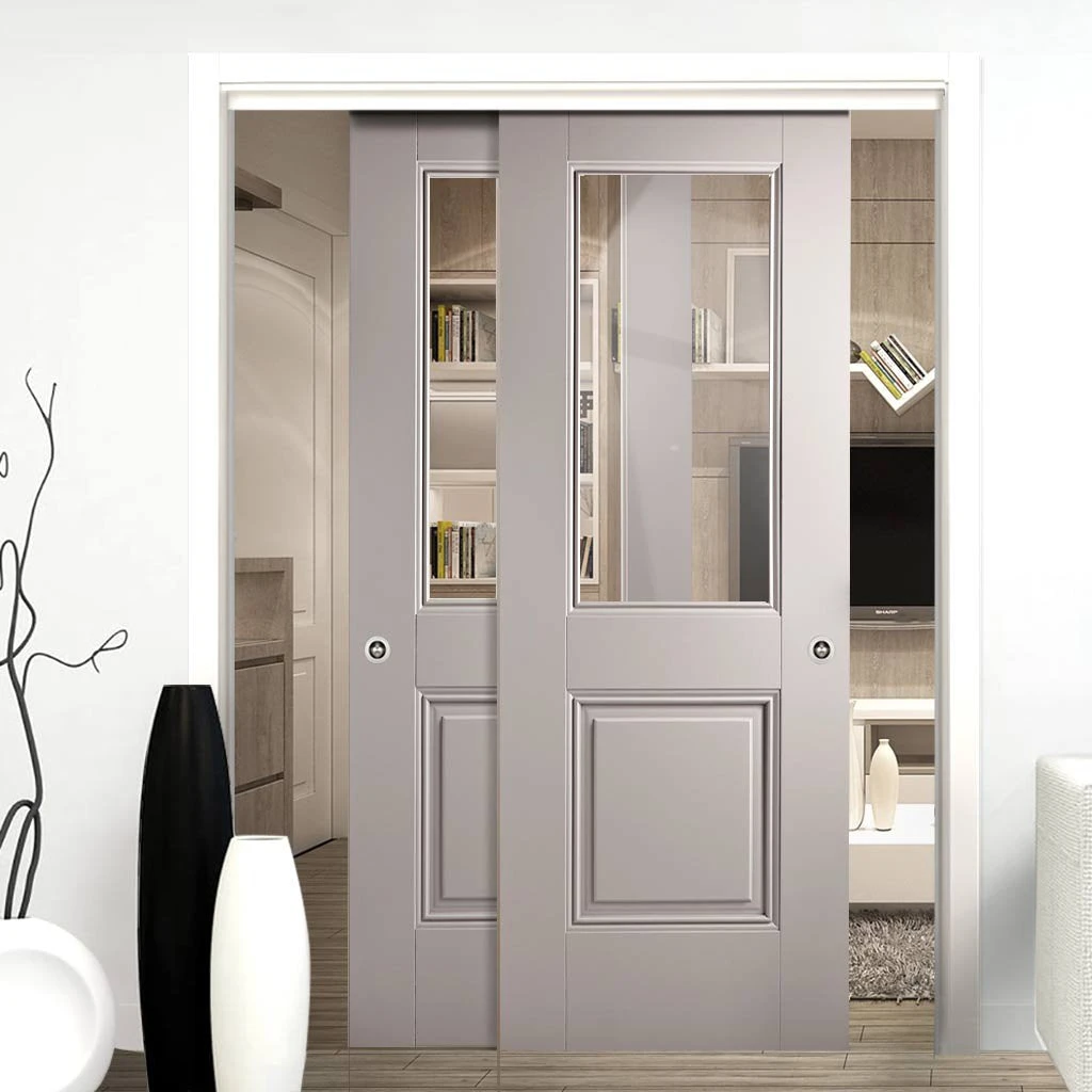 Pass-Easi Two Sliding Doors And Frame Kit - Arnhem Grey Primed Door - Clear Glass - Unfinished 1 Pass-Easi Two Sliding Doors And Frame Kit - Arnhem Grey Primed Door - Clear Glass - Unfinished