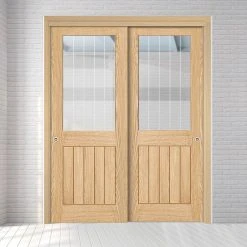 Pass-Easi Two Sliding Doors And Frame Kit - Belize Oak Door - Silkscreen Etched Glass - Prefinished