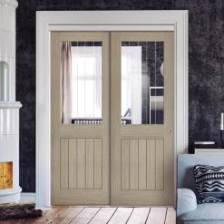 Pass-Easi Two Sliding Doors And Frame Kit - Belize Light Grey Door - Clear Glass Frosted Lines - Prefinished