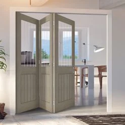 Three Folding Doors & Frame Kit - Belize Light Grey 3+0 - Clear Glass Frosted Lines - Prefinished