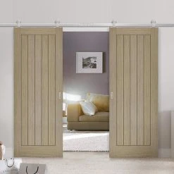 Top Mounted Stainless Steel Sliding Track & Double Door - Belize Light Grey Flush Doors - Prefinished