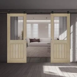 Top Mounted Black Sliding Track & Double Door - Belize Light Grey Doors - Clear Glass Frosted Lines - Prefinished