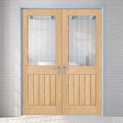 Belize Oak Internal Door Pair - Silkscreen Etched Glass - Prefinished