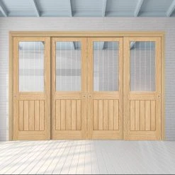 Pass-Easi Four Sliding Doors And Frame Kit - Belize Oak Door - Silkscreen Etched Glass - Prefinished