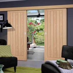 Double Sliding Door & Wall Track - Belize Oak Doors - Unfinished
