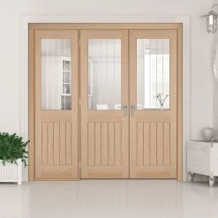 ThruEasi Room Divider - Belize Oak Silkscreen Etched Glass Prefinished Double Doors With Single Side