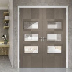 Bespoke Apollo Chocolate Grey 3L Internal Door Pair - Clear Glass - Prefinished
