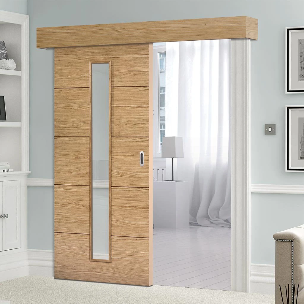 Bespoke Thruslide Surface Lille 1L Oak Flush Door - Clear Glass - Sliding Door And Track Kit - Prefinished 1 Bespoke Thruslide Surface Lille 1L Oak Flush Door - Clear Glass - Sliding Door And Track Kit - Prefinished