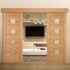 Bespoke Thruslide Surface Vancouver Oak 4LS Door Diamond Lined Clear Glass - Prefinished Sliding Double Door And Track Kit