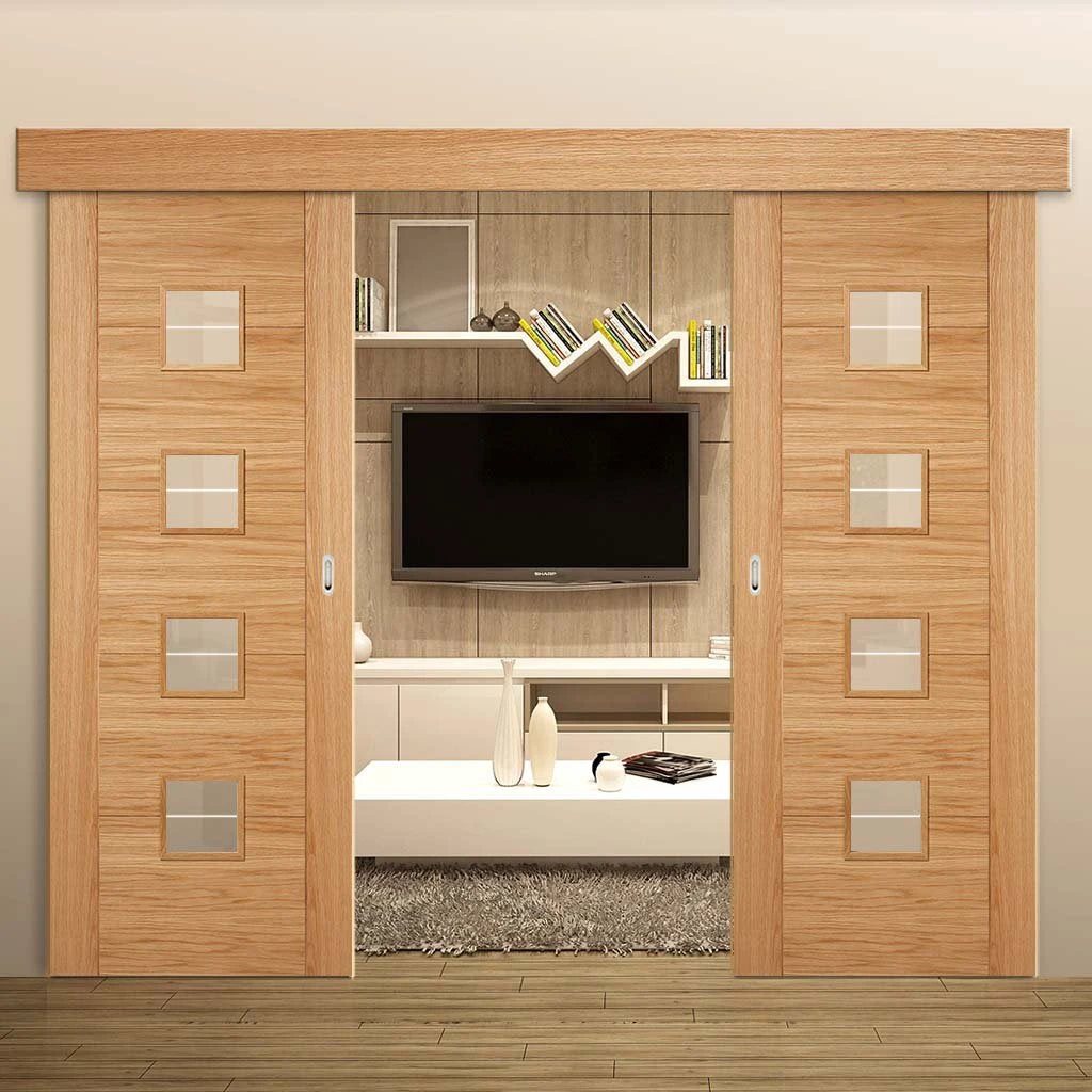 Bespoke Thruslide Surface Vancouver Oak 4LS Door Diamond Lined Clear Glass - Prefinished Sliding Double Door And Track Kit 1 Bespoke Thruslide Surface Vancouver Oak 4LS Door Diamond Lined Clear Glass - Prefinished Sliding Double Door And Track Kit