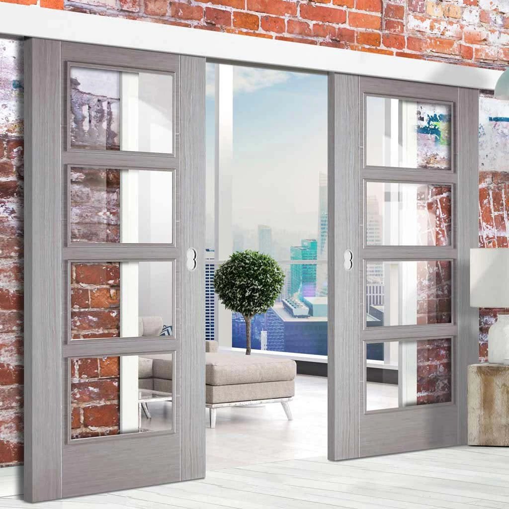 Bespoke Thruslide Surface Light Grey Vancouver Door - Clear Glass - Prefinished Sliding Double Door And Track Kit 1 Bespoke Thruslide Surface Light Grey Vancouver Door - Clear Glass - Prefinished Sliding Double Door And Track Kit