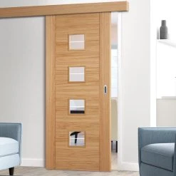 Bespoke Thruslide Surface Vancouver Oak 4LS Door Diamond Lined Clear Glass - Sliding Door And Track Kit - Prefinished