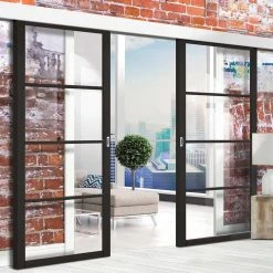 Double Sliding Door & Wall Track - Soho 4 Pane Door - Clear Glass - Black Primed