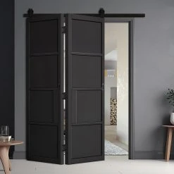 SpaceEasi Top Mounted Black Folding Track & Double Door - Chelsea 4 Panel Black Primed Door