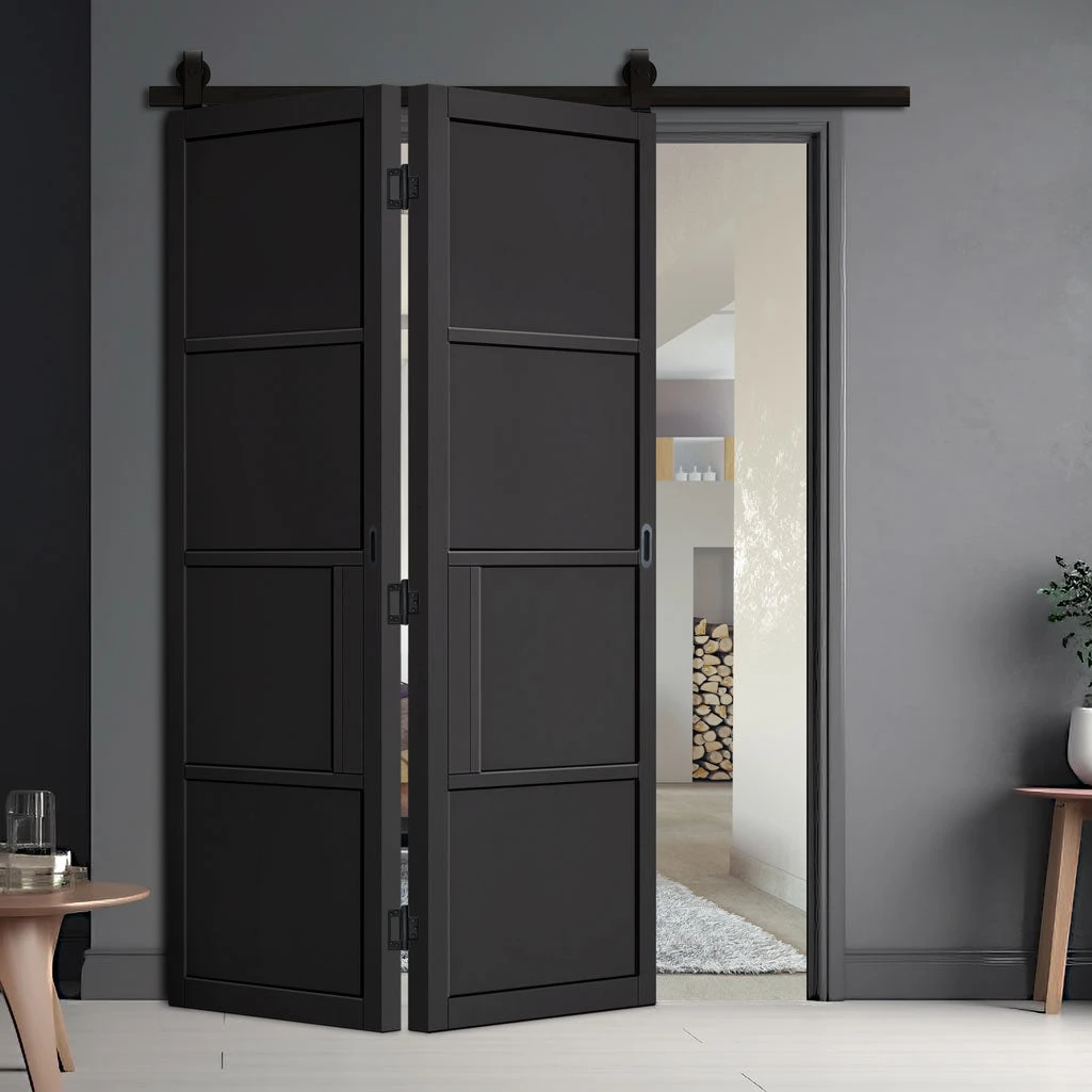 SpaceEasi Top Mounted Black Folding Track & Double Door - Chelsea 4 Panel Black Primed Door 1 SpaceEasi Top Mounted Black Folding Track & Double Door - Chelsea 4 Panel Black Primed Door