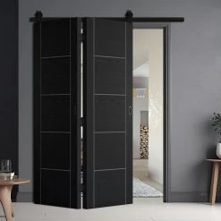 SpaceEasi Top Mounted Black Folding Track & Double Door - Laminate Vancouver Black Door - Prefinished
