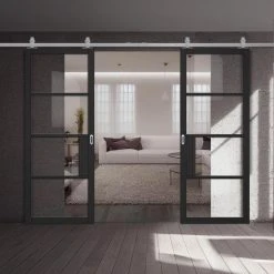 Top Mounted Stainless Steel Sliding Track & Double Door - Chelsea 4 Pane Black Primed Doors - Clear Glass