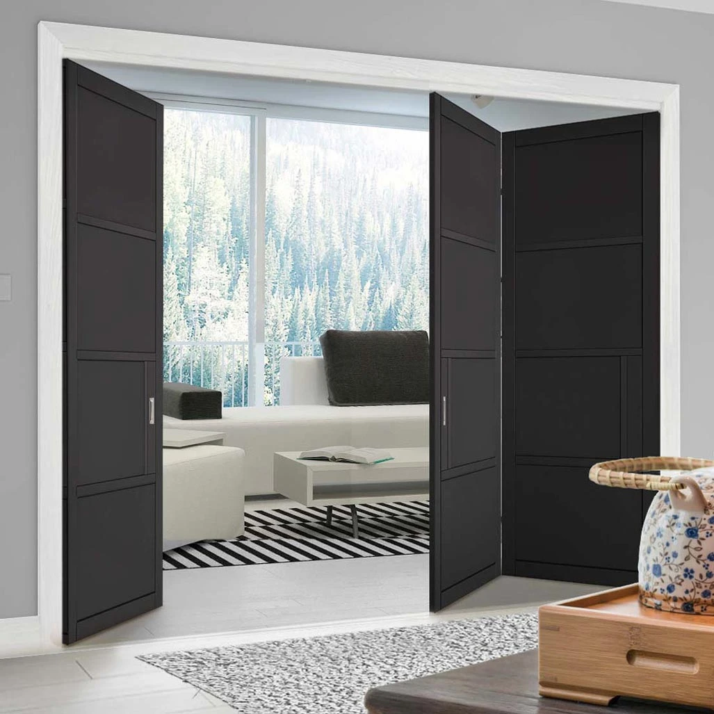 Three Folding Doors & Frame Kit - Chelsea 4 Panel 2+1 - Black Primed 2 Three Folding Doors & Frame Kit - Chelsea 4 Panel 2+1 - Black Primed - Image 2