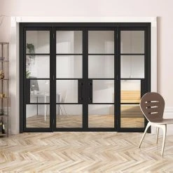 ThruEasi Room Divider - Chelsea 4 Pane Black Primed Clear Glass Unfinished Double Doors With Double Sides
