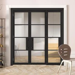 ThruEasi Room Divider - Chelsea 4 Pane Black Primed Clear Glass Unfinished Double Doors With Single Side
