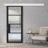 Single Sliding Door & Wall Track - Chelsea 4 Pane Black Primed Door - Clear Glass